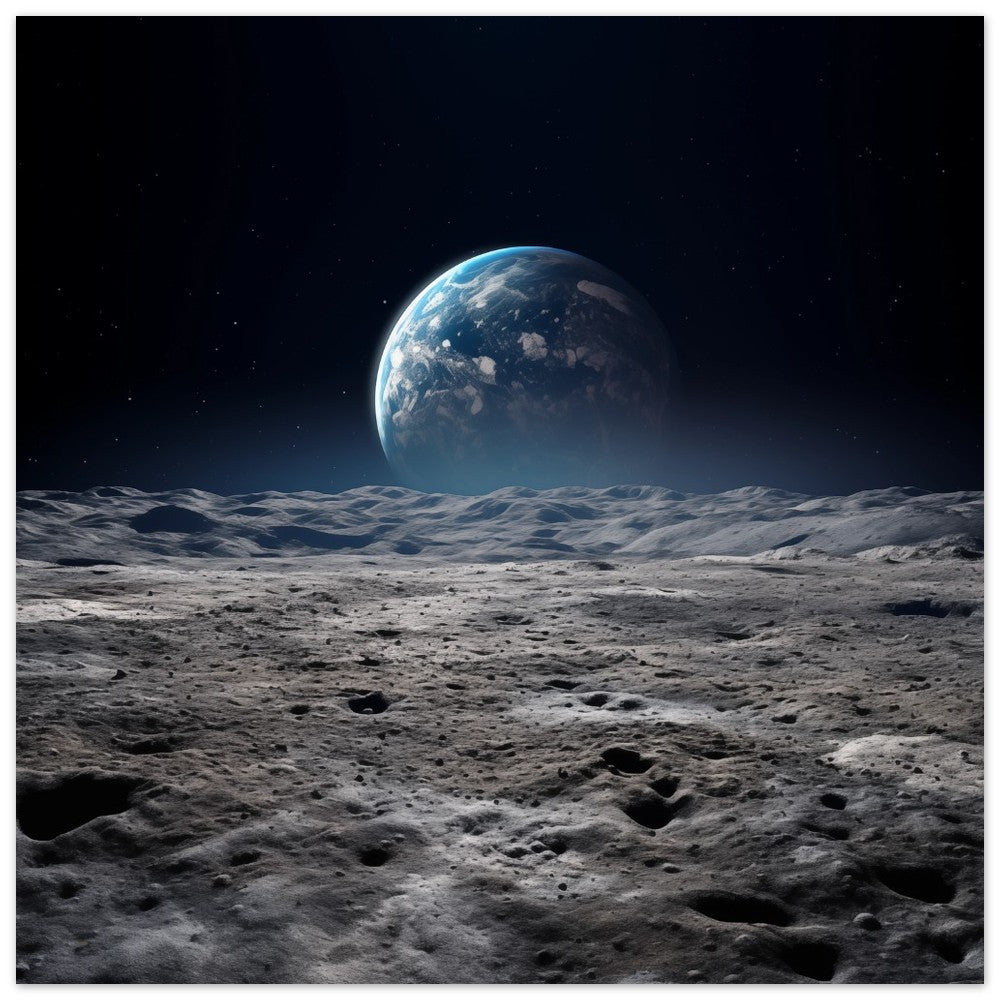 Poster „Mondlandschaft mit Erdsicht“ mit Mondlandschaft mit Blick auf die Erde über grauem Kraterhorizont, 50x50 cm