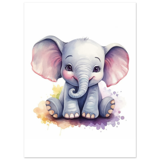 Poster „Elefant "Ellie"“ mit niedlicher grauer Babyelefant mit rosa Ohren und Aquarellspritze, 13x18 cm