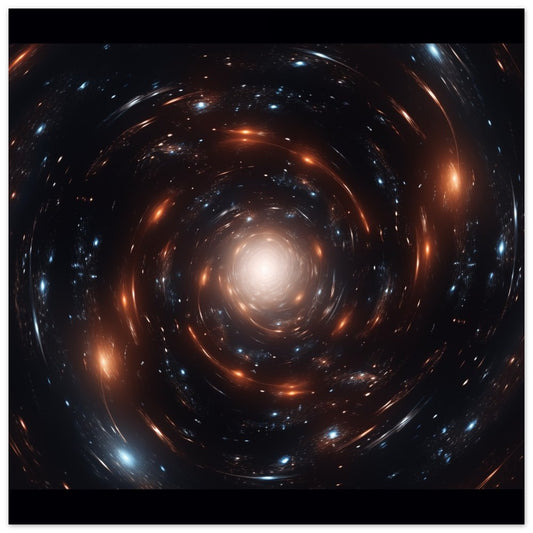 Poster „Orion, Wanderer des Kosmos“ mit spiralförmige Galaxie mit leuchtendem Zentrum in Schwarz, Orange und Weiß, 25x25 cm