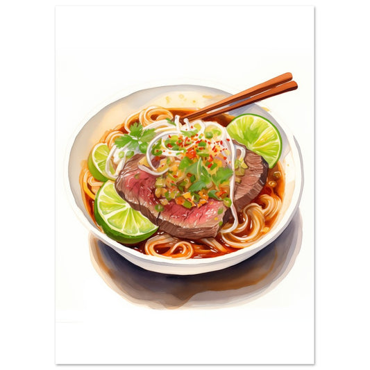 Poster „Wasserfarben-Pho“ mit Pho mit Nudeln, Kräutern, Limette, Fleisch und Essstäbchen, 13x18 cm
