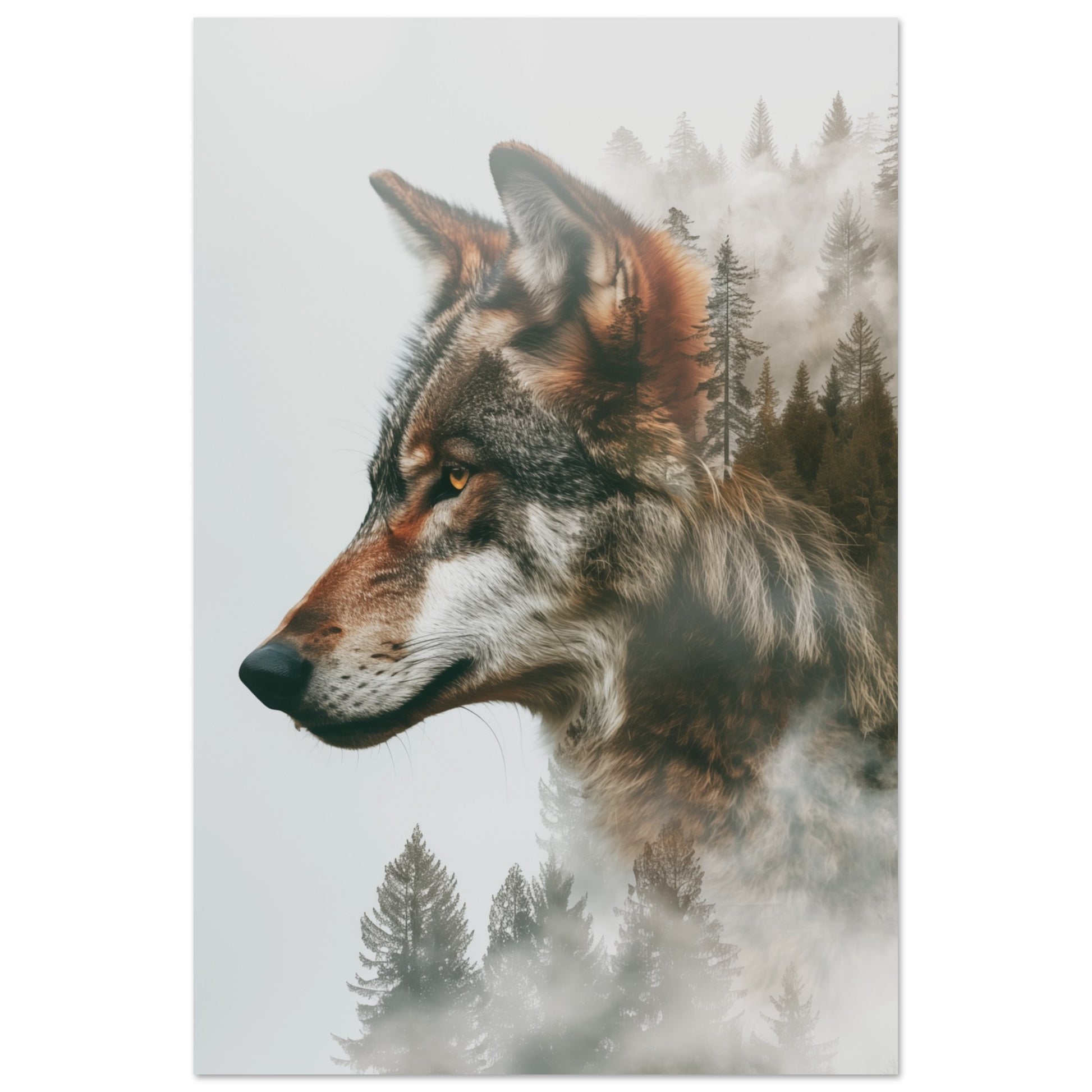 Wandbild „Wolf im Wald“ mit Wolfsporträt mit nebligem Wald als Doppelbelichtung, 60x90 cm