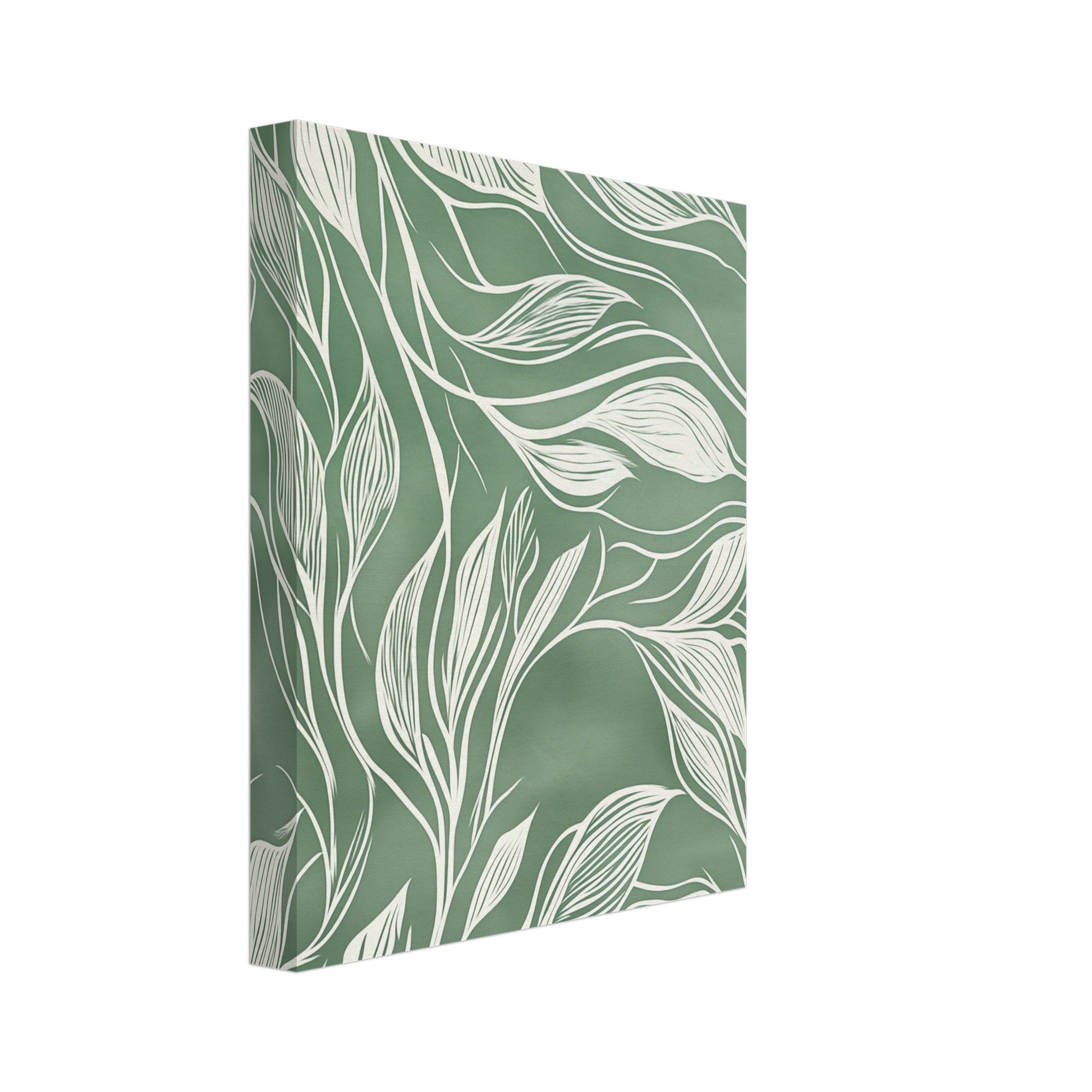 Leinwand „Fließende Eleganz , Abstrakte botanische Linienkunst“ mit weiße botanische Blätterlinien auf salbeigrünem Hintergrund, 20x25 cm