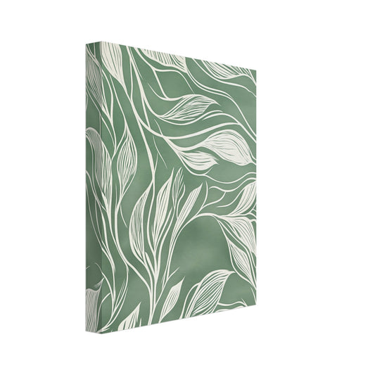 Leinwand „Fließende Eleganz , Abstrakte botanische Linienkunst“ mit weiße botanische Blätterlinien auf salbeigrünem Hintergrund, 20x25 cm
