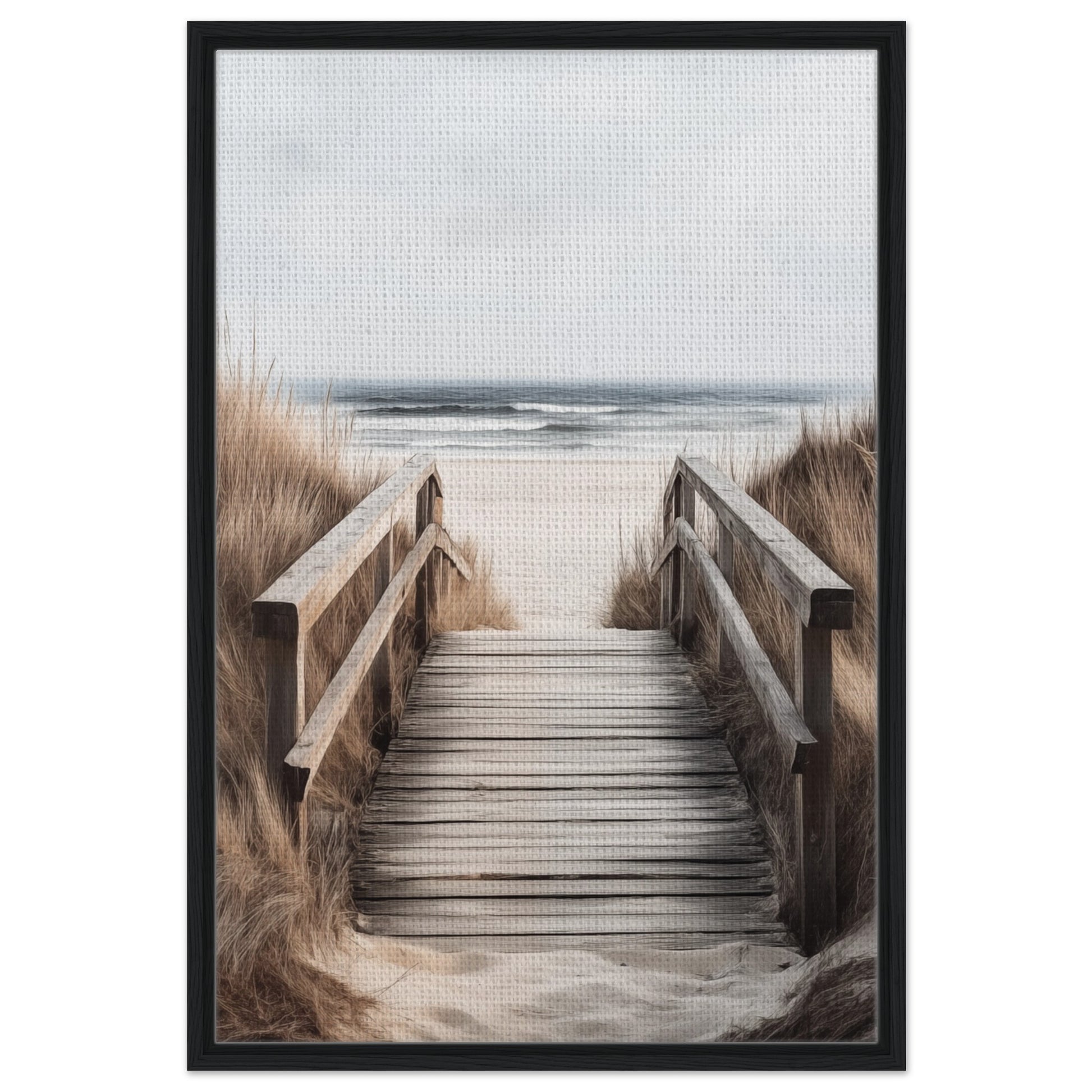 Holzsteg am Strand - Gerahmte Leinwand Schwarzer Rahmen 60x90 cm - Pixara