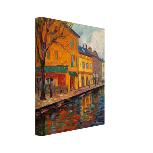 Leinwand „Impressionistische Stadtoase“ mit impressionistischer Stadtansicht am Kanal mit herbstlichen Bäumen, 20x25 cm