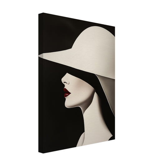 Leinwand „Minimalistisches Profil“ mit Frauenprofil mit großem cremefarbenem Hut und roten Lippen, 30x40 cm