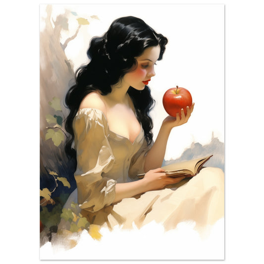 Poster „Ewige Anmut“ mit dunkelhaarige Frau mit roter Frucht in warmer Vintage-Illustration, 13x18 cm