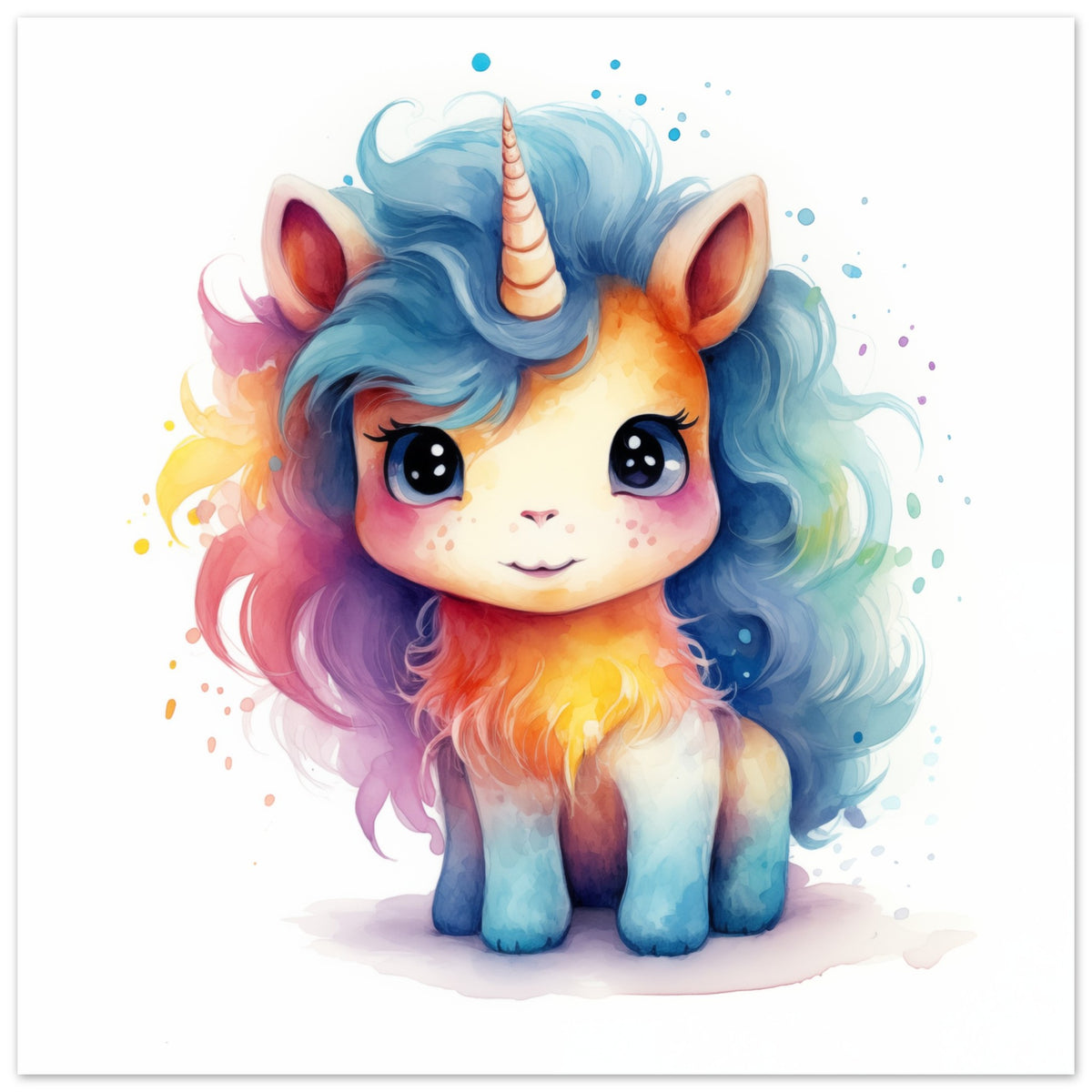 Poster „Einhorn "Stella"“ mit niedliches blaues Einhorn mit bunter Regenbogenmähne, 50x50 cm