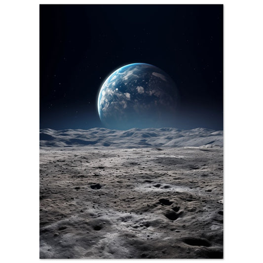 Poster „Mondlandschaft mit Erdsicht“ mit Mondlandschaft mit Blick auf die Erde über grauem Kraterhorizont, 13x18 cm