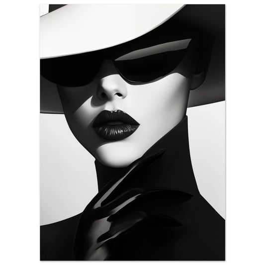 Poster „Stilvolle Moderne“ mit Schwarzweiß-Frauenporträt mit breitem Hut und Sonnenbrille, 13x18 cm
