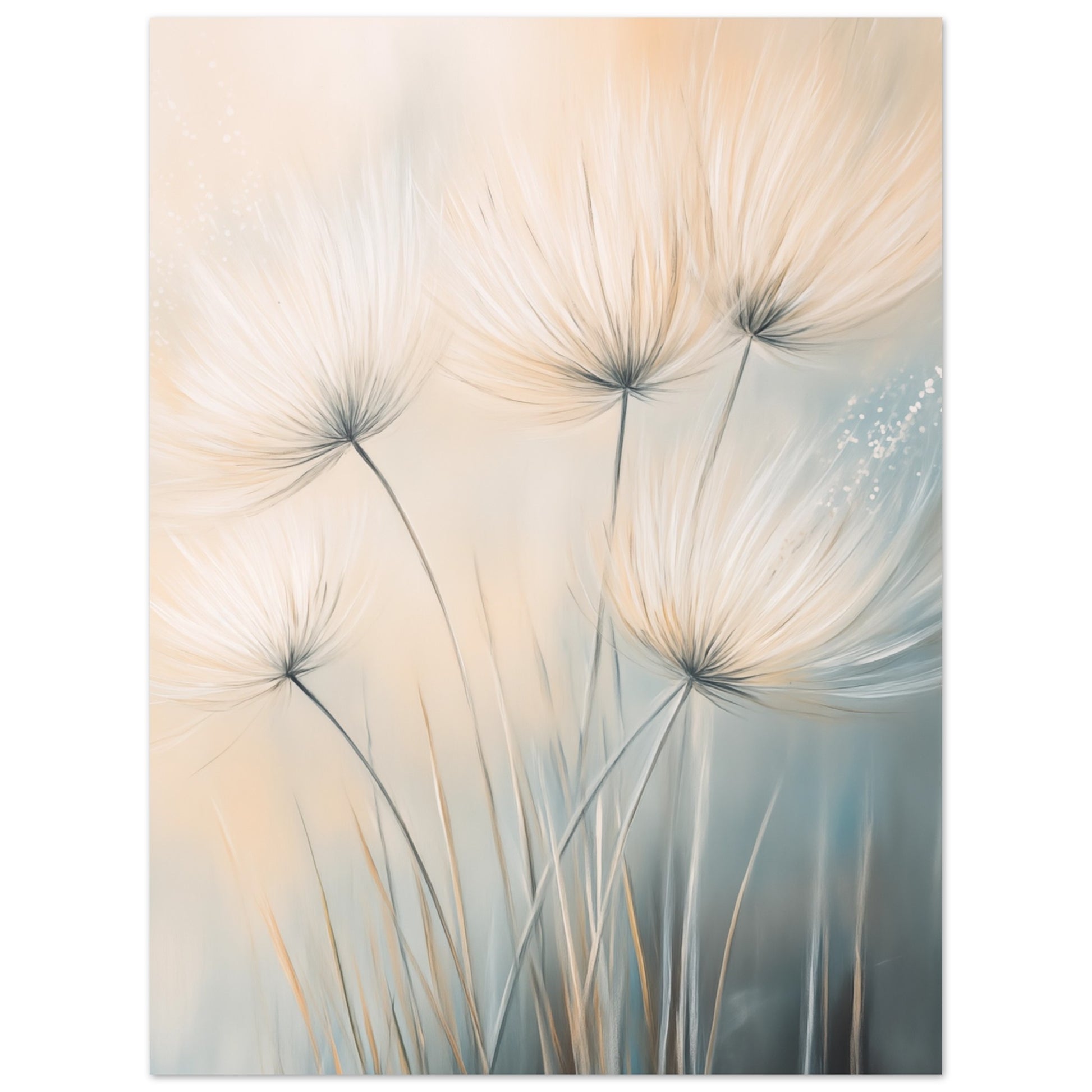 Poster „Sanfte Pusteblumen im Wind“ mit Pusteblumen in Creme und Hellblau vor weichem Hintergrund, 30x40 cm
