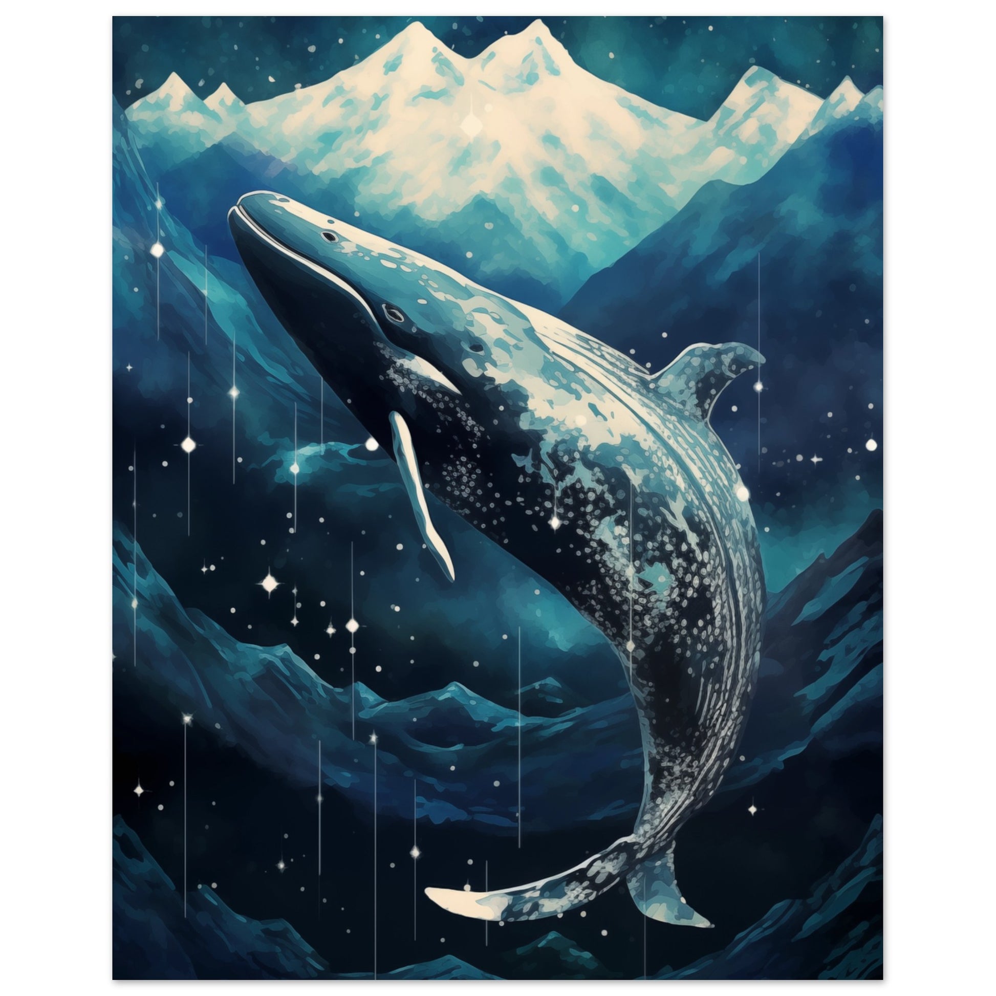 Wandbild „Himmelswanderer“ mit surrealem Wal in schneebedeckter Berglandschaft unter Sternen, 20x25 cm
