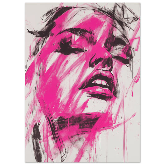 Poster „Fuchsia-Explosion“ mit expressives Frauenporträt aus kräftigen fuchsiafarbenen und schwarzen Pinselstrichen, 13x18 cm