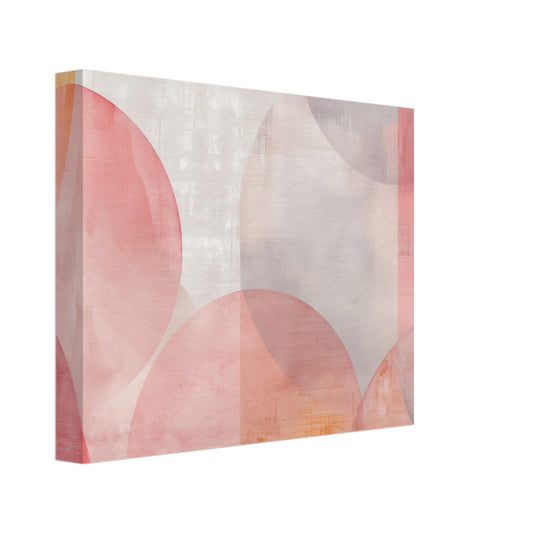 Leinwand „Geometrische Morgendämmerung“ mit weiche überlagerte Bögen und Halbkreise in Rosa, Koralle, Apricot und Creme, 20x25 cm