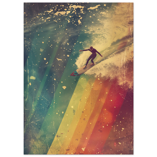Poster „Regenbogensurfer“ mit Surfer auf einer dynamischen Welle aus kräftigen Regenbogenfarben, 13x18 cm