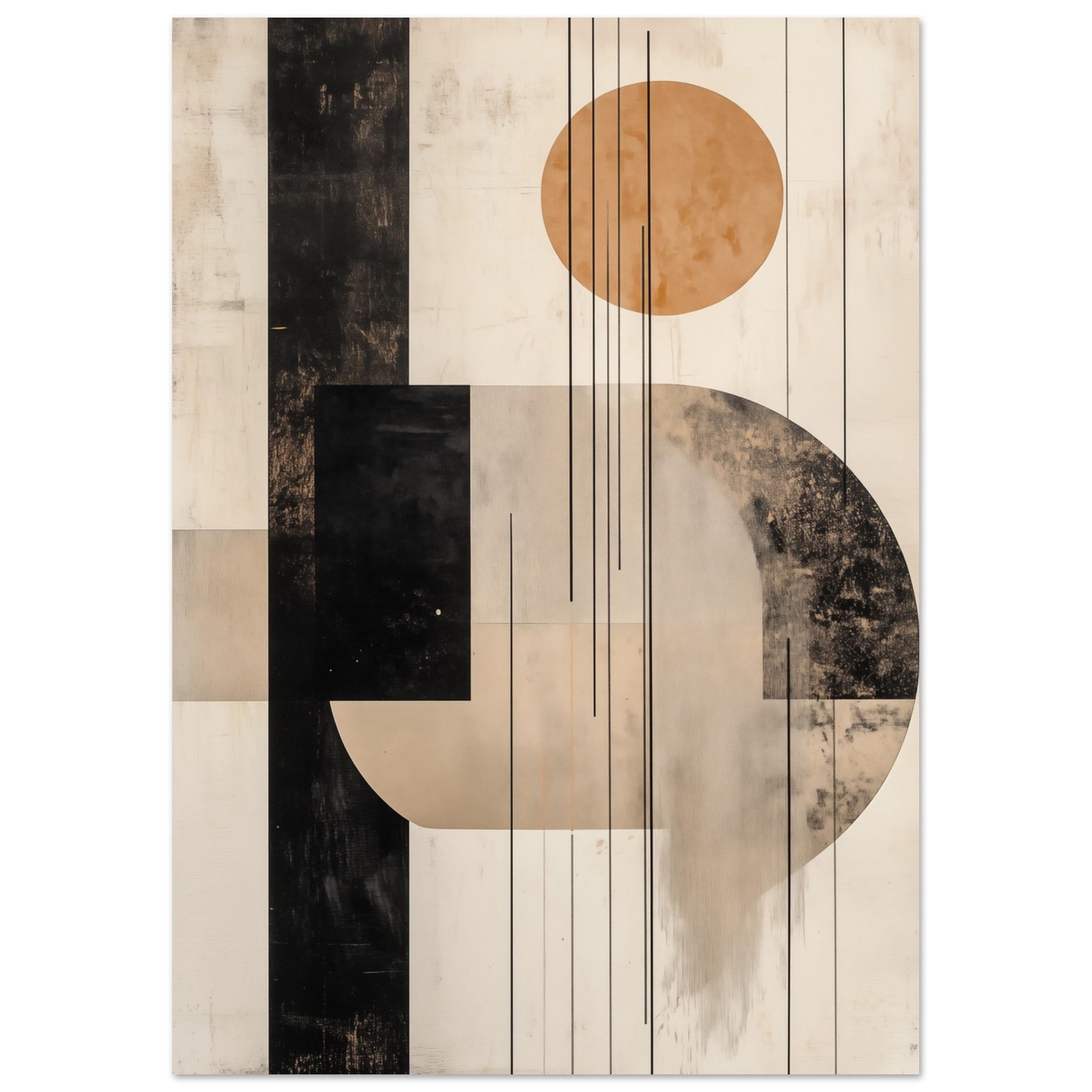 Wandbild „Geometrische Harmonie“ mit geometrische Bauhaus-Komposition aus schwarzen, sandfarbenen und orangefarbenen Formen, 21x29.7 cm