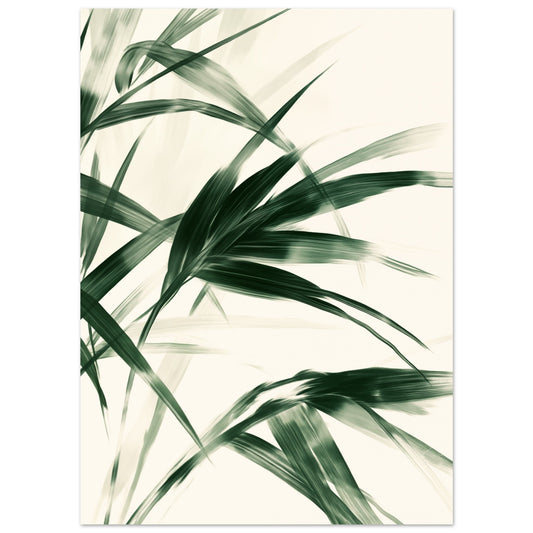 Poster „Palm Harmony , Minimalistisches Naturdesign“ mit minimalistische Palmblätter in Dunkelgrün auf cremefarbenem Grund, 13x18 cm