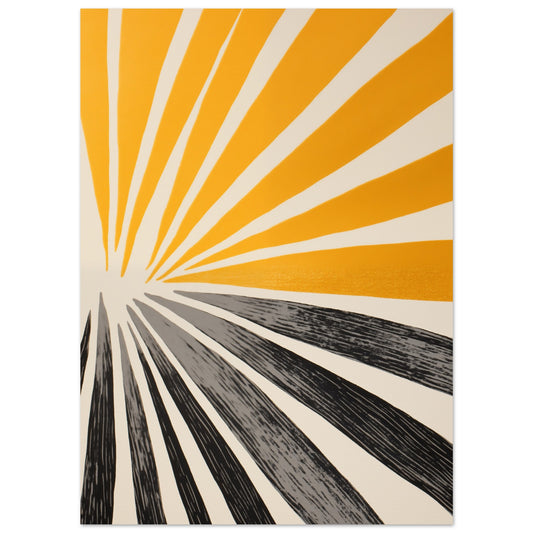 Poster „Strahlen der Kraft“ mit grafischem Sonnenstrahlen-Motiv in Senfgelb, Creme und Schwarz, 13x18 cm