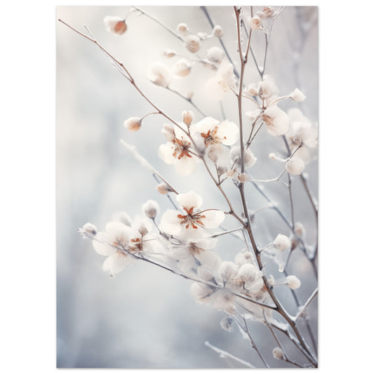 Poster „Winterflor“ mit hellen Blütenzweigen vor blau-grauem Hintergrund, 13x18 cm
