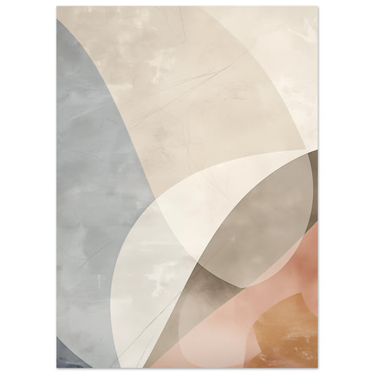 Poster „Geometrische Abstraktion“ mit sanfte geometrische Bögen und Flächen in Beige, Grau, Creme und Apricot, 13x18 cm