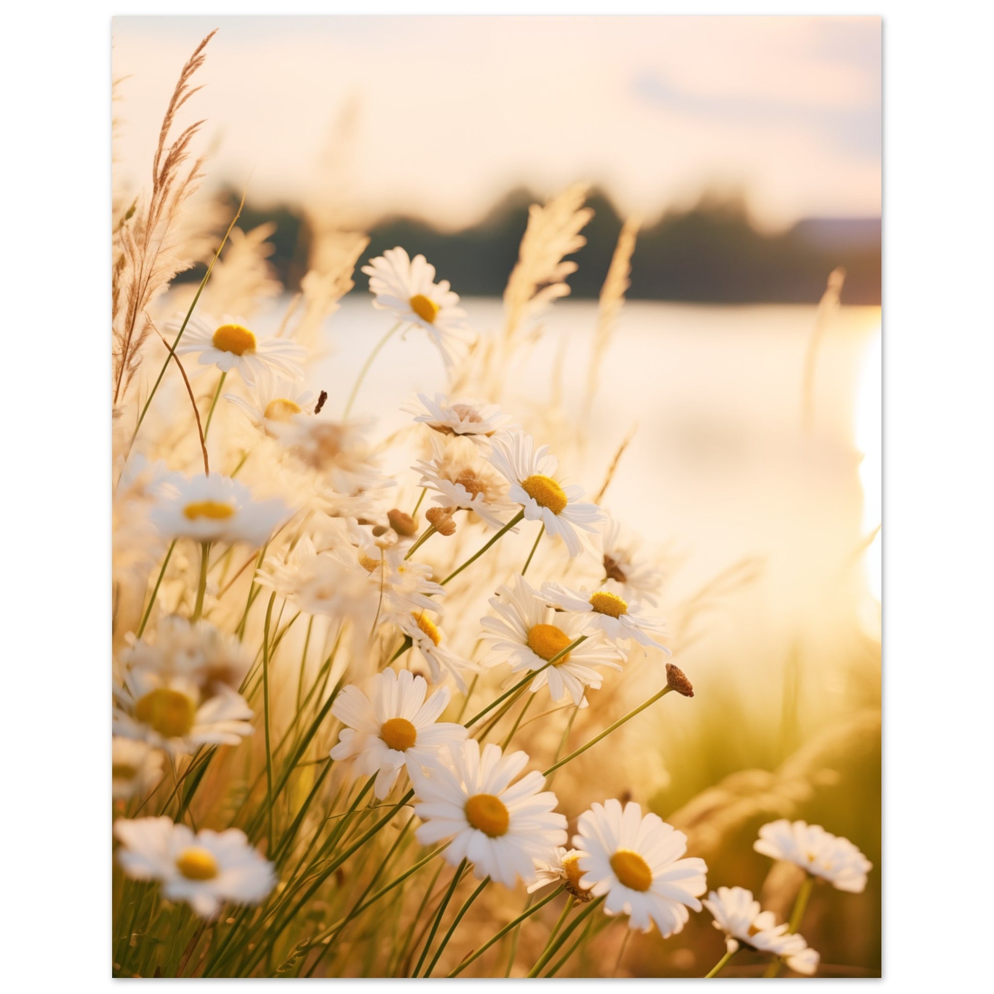 Poster „Abendsonne und Gänseblümchen“ mit Gänseblümchen auf einer hellen Wiese im warmen Abendlicht, 40 × 50 cm