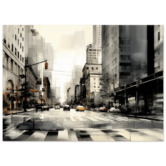 Poster „City Rythms“ mit monochrome Großstadtstraße mit Zebrastreifen und urbaner Architektur, Format 13 × 18 cm