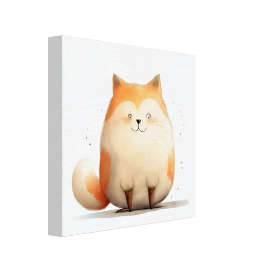 Leinwand „Fuchs "Finley"“ mit runder, freundlicher orangefarbener Fuchs mit cremefarbenem Bauch auf hellem Grund, 20x20 cm