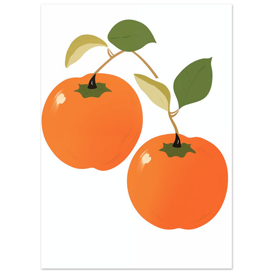 Poster „Persimonen Duo“ mit zwei orangefarbene Persimonen mit grünen Blättern auf weißem Grund, 13x18 cm