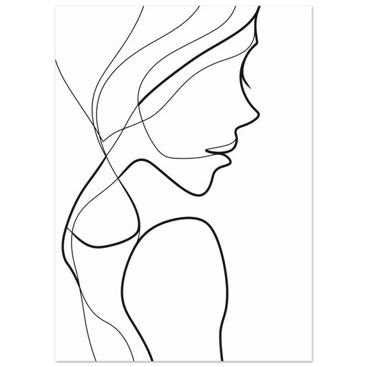 Poster „Linara“ mit minimalistisches Frauenprofil als feine schwarze Einlinienzeichnung, 13x18 cm
