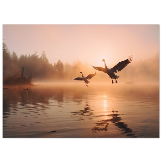 Poster „Morgendämmerung am See“ mit ruhigem See im Morgennebel mit fliegenden Vögeln, 13x18 cm