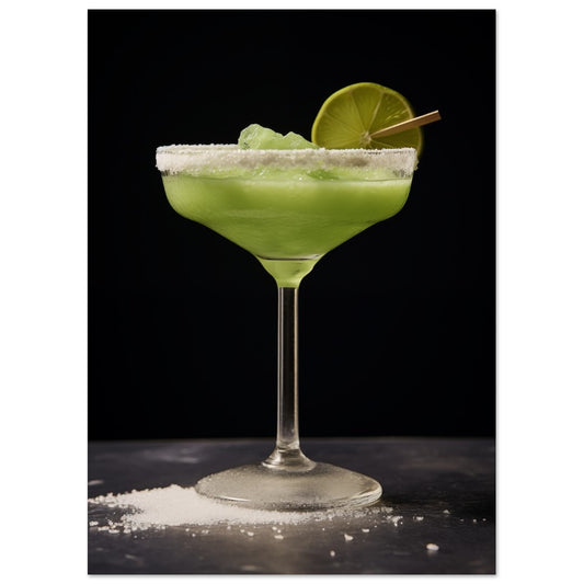 Poster „Grüne Versuchung“ mit grüner Margarita-Cocktail im Stielglas mit Limettenscheibe auf schwarzem Hintergrund, 13x18 cm