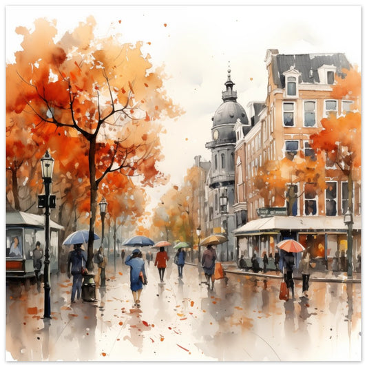 Poster „Regnerischer Herbsttag“ mit regnerischer Herbststraße mit orangefarbenen Bäumen, 25x25 cm