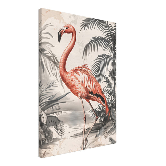 Leinwand „Karmesin-Wächter der Lagune“ mit eleganter Flamingo zwischen tropischen Blättern in Terrakotta, Creme und Anthrazit, 50x70 cm