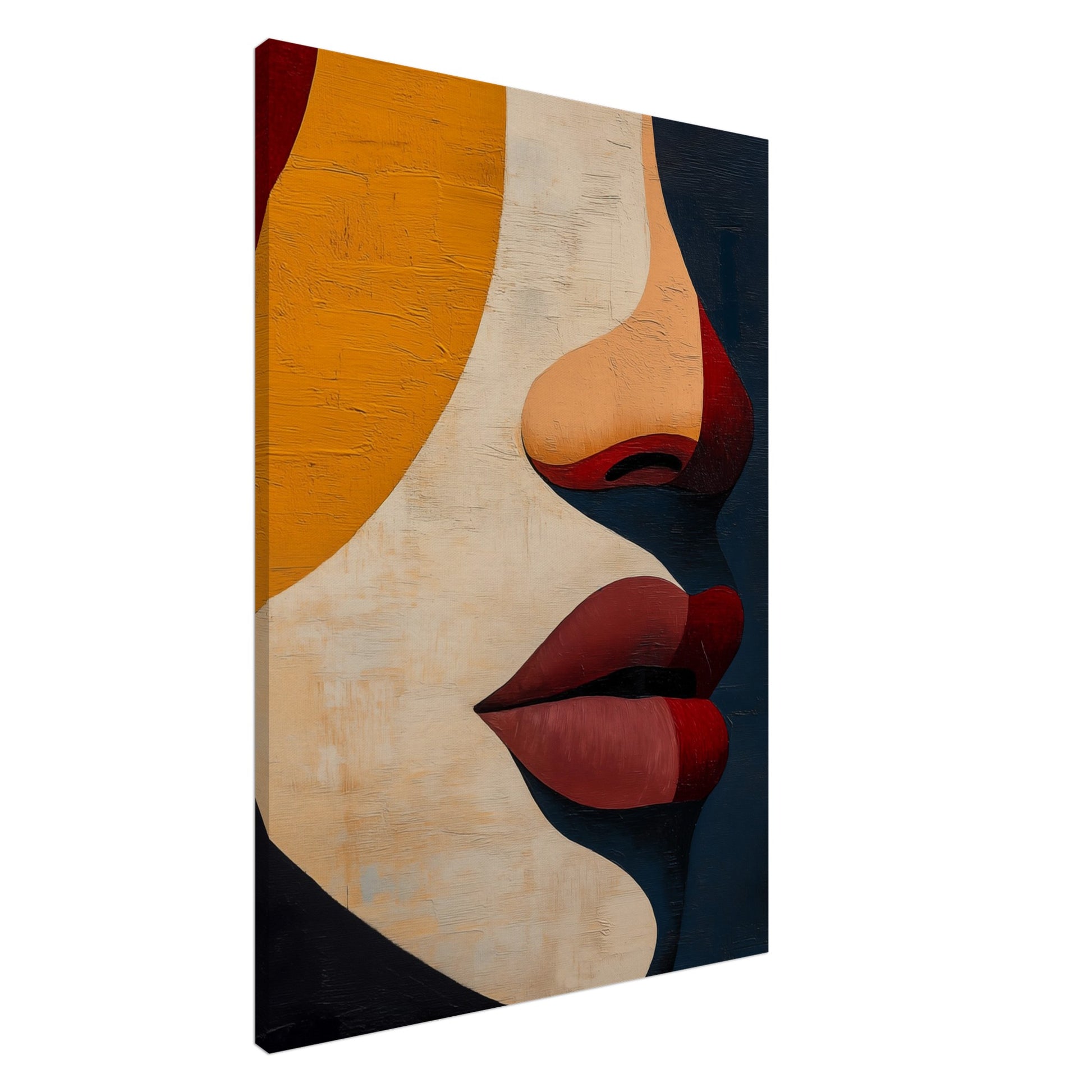 Leinwand „Abstrakte Geometrie eines Gesichts“ mit kubistischem Gesicht in Beige, Senfgelb, Bordeaux und Schwarz, 70 × 100 cm