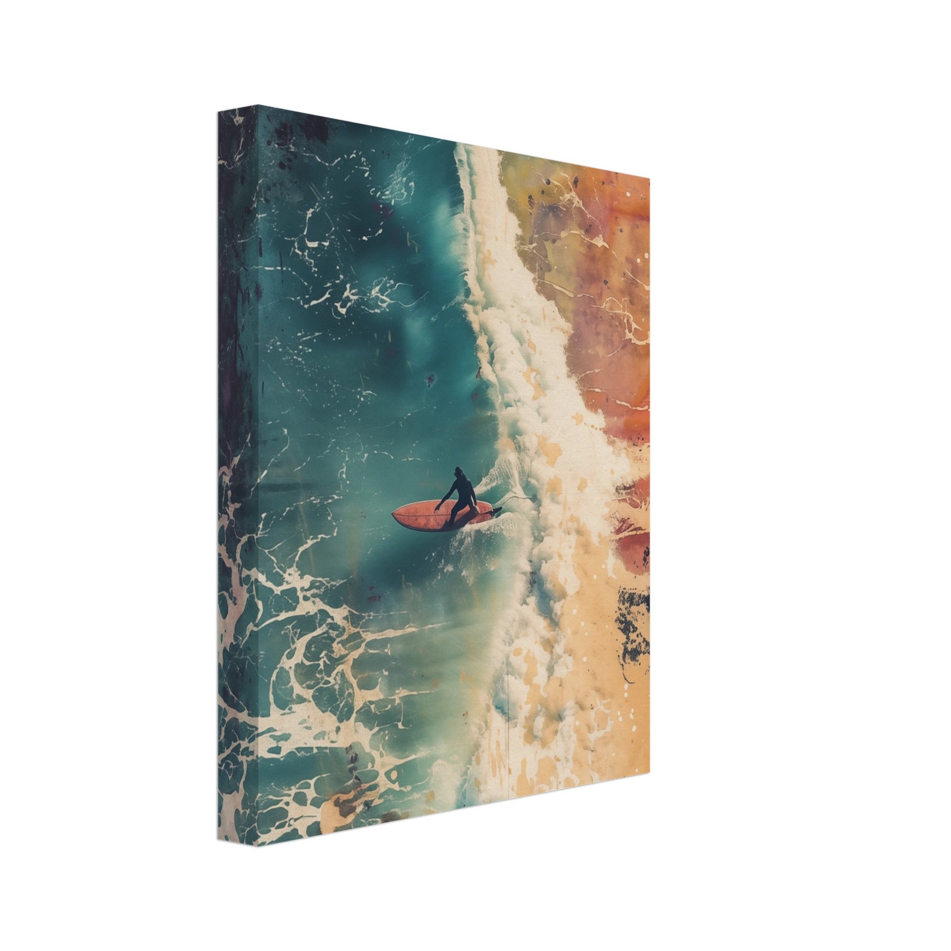 Leinwand „Surfer's Eclipse“ mit Luftaufnahme einer Küste mit türkisfarbenem Meer und hellem Sand, 20x25 cm