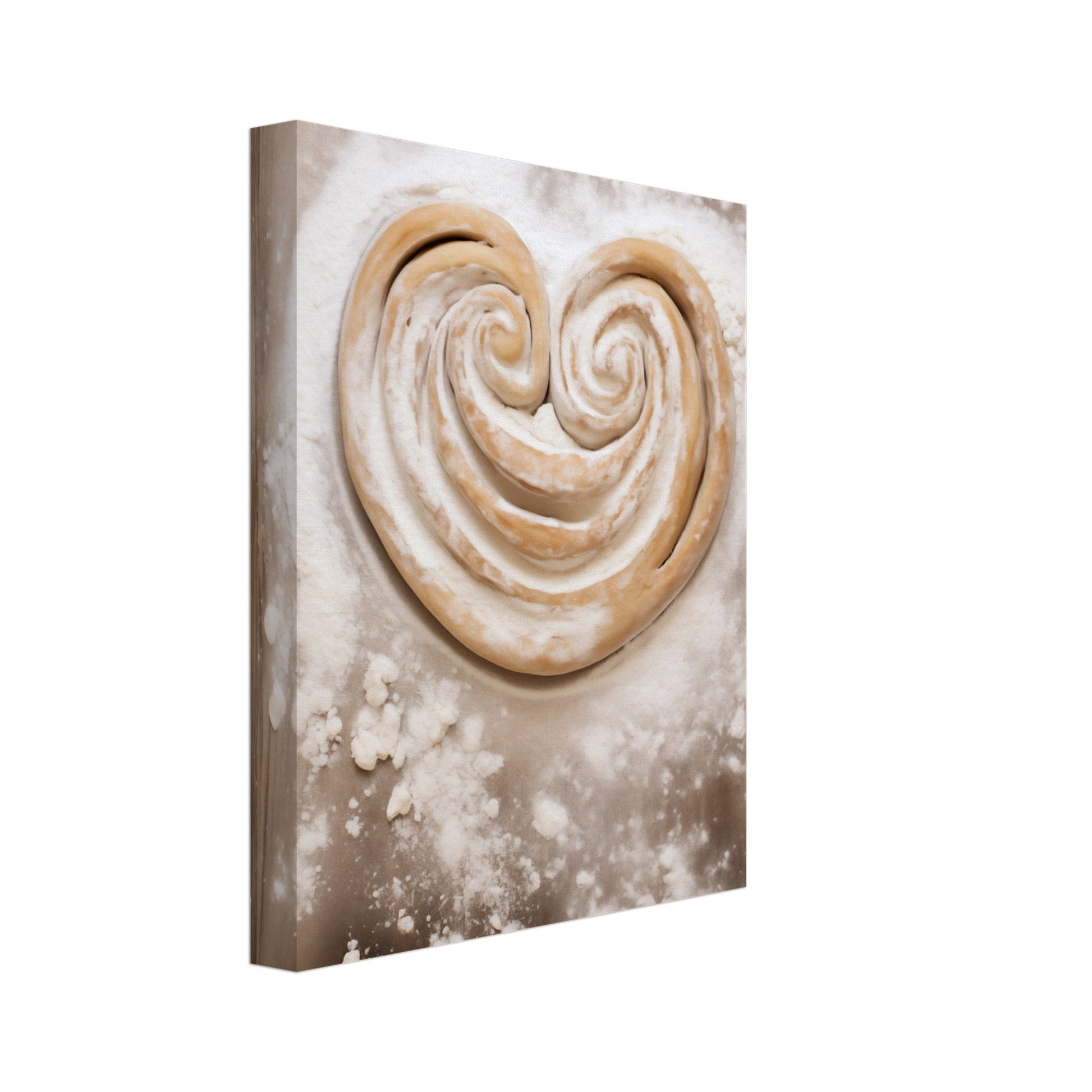 Leinwand „Herz aus Teig“ mit herzförmiges Gebäck aus hellem Teig auf dunklem, mehlbestäubtem Untergrund, 20x25 cm