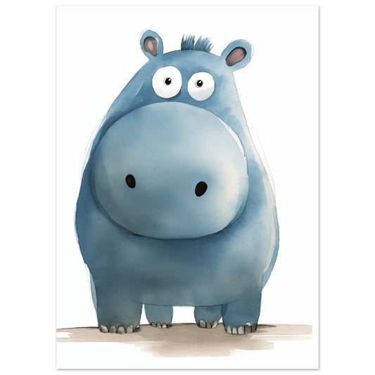 Poster „Gumpy“ mit niedliches blaues Nilpferd mit großen Augen auf weißem Grund, 13x18 cm