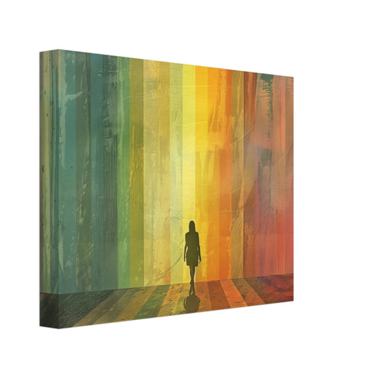 Leinwand „Farbspektrum-Weg“ mit kleine Figur in einem leuchtenden Farbkorridor, 20x25 cm