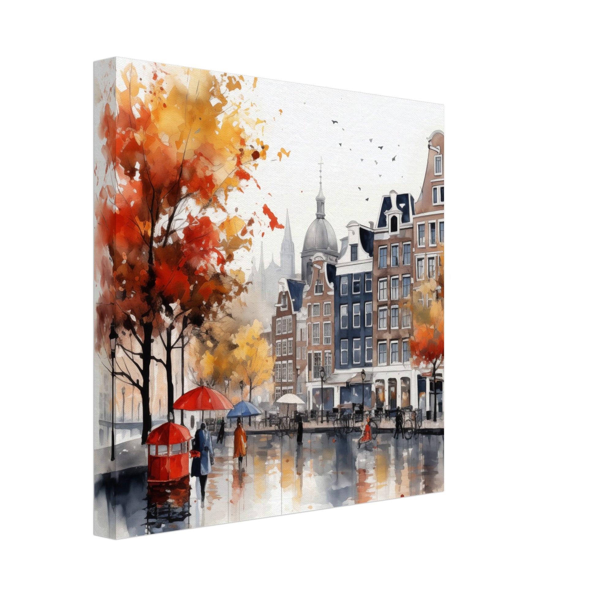 Leinwand „Kanal im Herbst“ mit herbstlicher Kanalszene mit historischen Häusern in Aquarelloptik, 30x30 cm