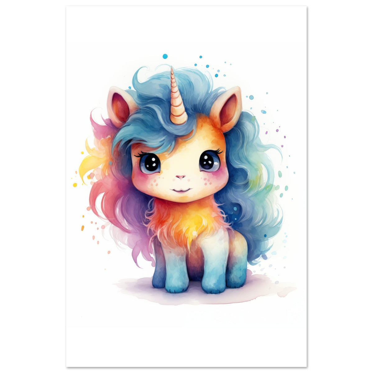Poster „Einhorn "Stella"“ mit niedliches blaues Einhorn mit bunter Regenbogenmähne, 60x90 cm