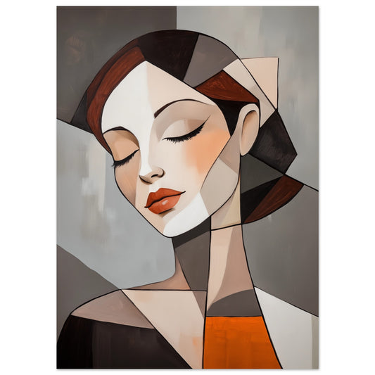 Poster „Geometrisches Porträt einer Frau“ mit geometrisches Frauenporträt in Schwarz, Braun, Creme, Grau und Orange, 13x18 cm
