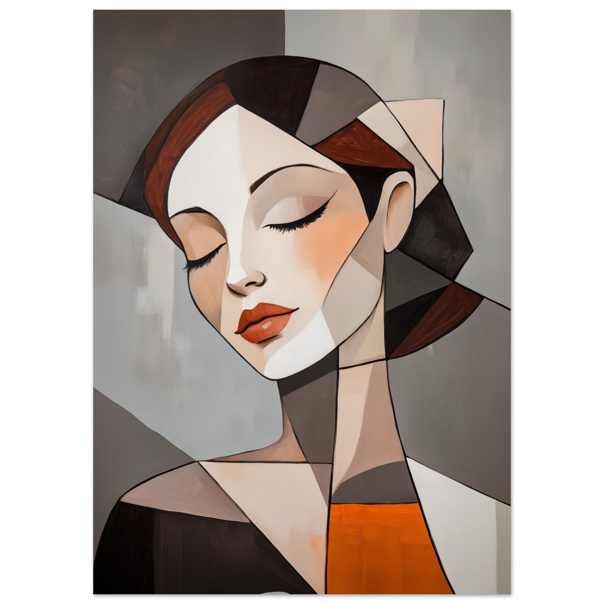 Poster „Geometrisches Porträt einer Frau“ mit geometrisches Frauenporträt in Schwarz, Braun, Creme, Grau und Orange, 50x70 cm