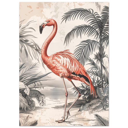 Poster „Karmesin-Wächter der Lagune“ mit eleganter Flamingo zwischen tropischen Blättern in Terrakotta, Creme und Anthrazit, 13x18 cm