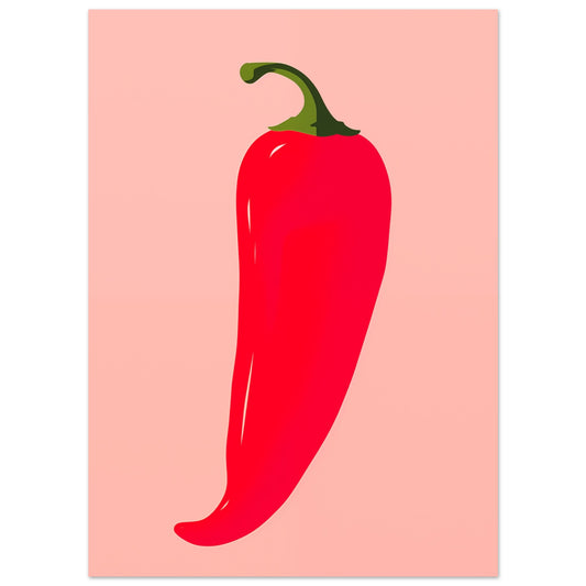 Poster „Scharfe Chilli“ mit leuchtend rote Chilischote auf zart rosafarbenem Hintergrund, 13x18 cm