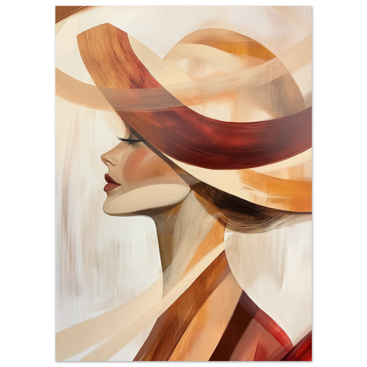 Poster „Fließende Formen“ mit Frauenprofil mit großem, fließendem Hut in Creme, Rost, Braun und Orange, 13x18 cm