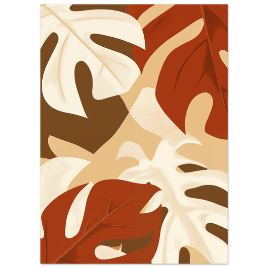 Poster „Retro Leaf Vibes“ mit große stilisierte Blätter in Rost, Creme, Beige und Braun als Retro-Muster, 13x18 cm