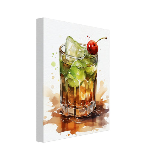 Leinwand „Cocktailkunst“ mit Aquarell Cocktailglas mit Limette, Minze und roter Kirsche, Format 20 × 25 cm