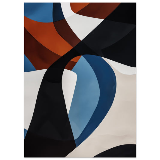 Poster „Bold Abstraction“ mit dynamische geometrische Formen in Schwarz, Blau, Rost und Creme, Format 13 × 18 cm