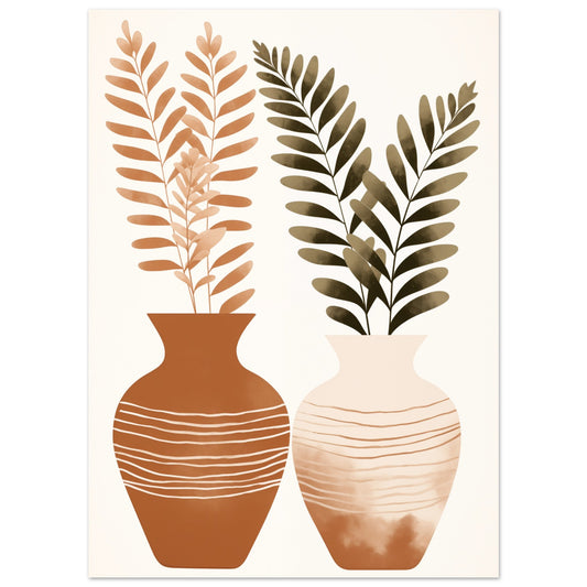 Poster „Boho Botanik“ mit zwei Terrakotta Vasen mit stilisierten Farnblättern, Format 13 × 18 cm