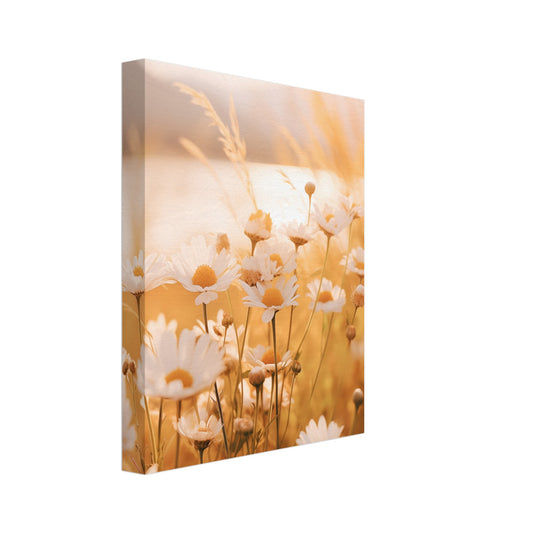 Leinwand „Abendleuchten“ mit Gänseblümchen und Gräsern im warmen goldenen Abendlicht, 20 × 25 cm